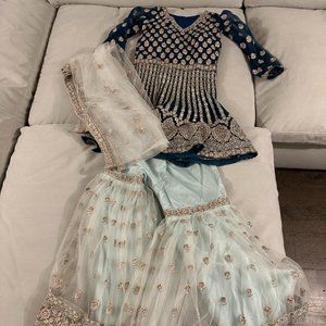 Turqoise and Light Blue Embroidered Sharara